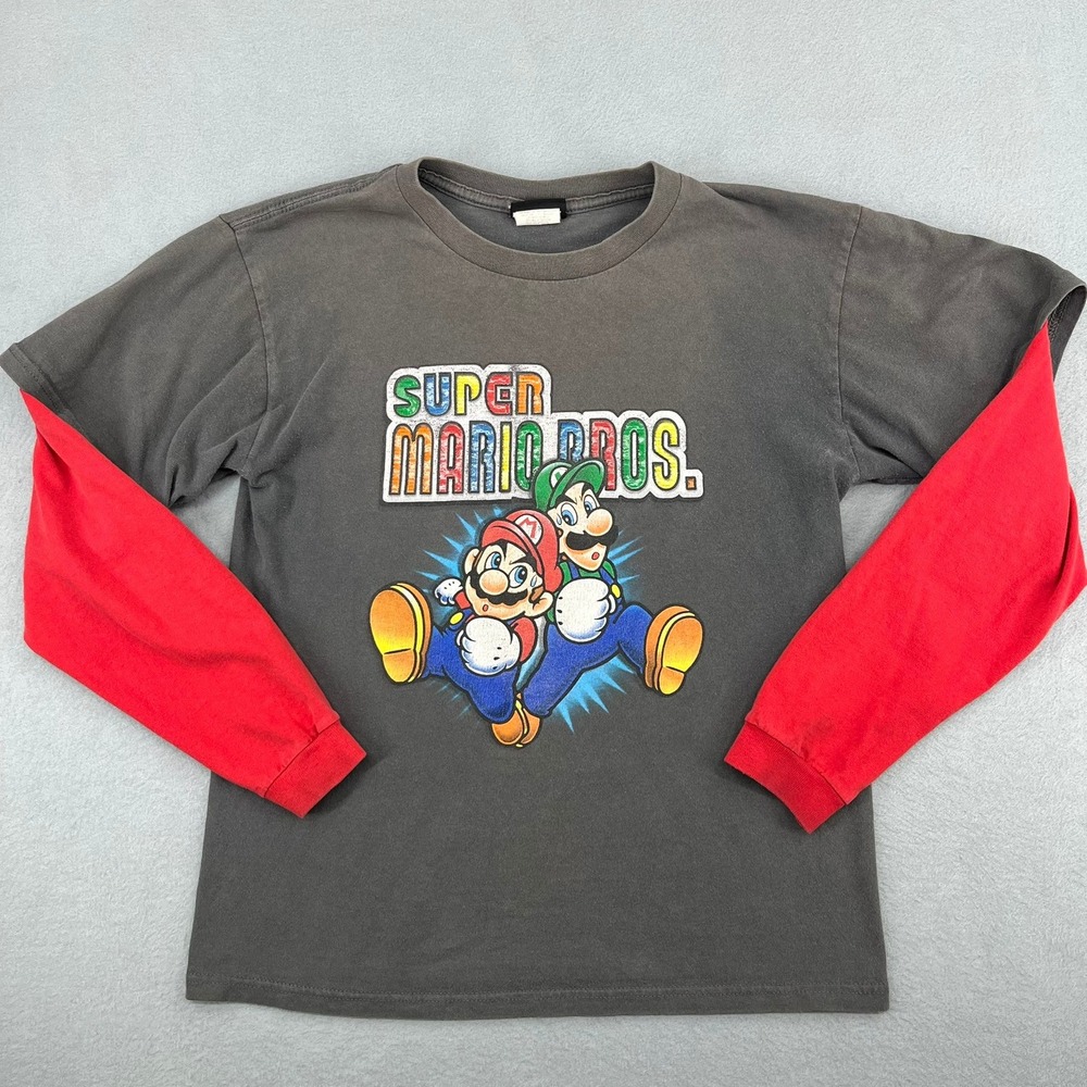 Nintendo‎ Super Mario Bros Kids L 12/14 Grey Red Long Sleeve Graphic T-Shirt